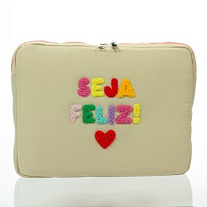 Case Para Notebook com Alça Seja Feliz Bege Floriê