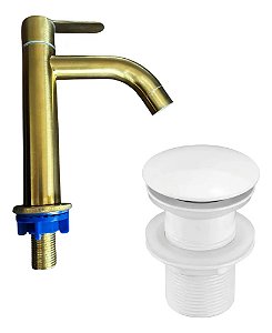Kit Luxo: Torneira Inox Dourada Fosca + Válvula Click Ralo Branco Fosco