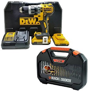 Parafusadeira/Furadeira Impacto 20v DeWALT DCD796 Brushless + Jogo de pontas e brocas C/ 70 peças Black + Decker