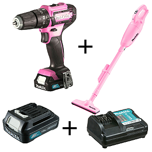 COMBO ROSA - Aspirador de Pó a Bateria 12V MAX Rosa (CXT) + Parafusadeira/Furadeira De Impacto Rosa 3/8'' 12V 1 Bateria Com Carregador - HP333DWYEP + CL108FDZP - Makita