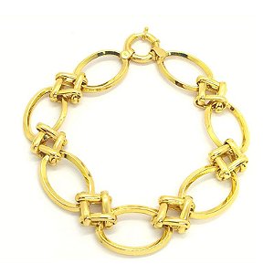 Pulseira Feminina com Elos Ovais e Losango em Ouro 18K