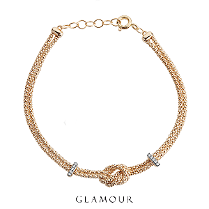 Pulseira Elos Entrelaçados Malha Pipoca Dupla Com Diamantes Ouro 18K