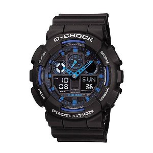 Relógio Casio G-Shock Protection Preto Com Detalhes Em Azul GA-100-1A2DR