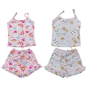 Pijama Infantil Curto Baby Doll Feminino Infantil de Malha Roupa De Dormir Estampado 2 ao 8