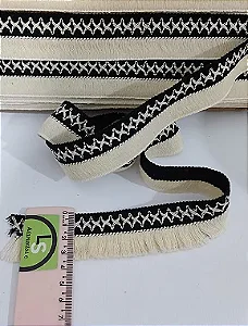 FRANJA DE ALGODÃO - Cru com Preto - 3,5 cm - COM Medidas de 10M / 50M