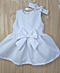 Vestido Bebê Menina Branco Renda e Saia Oxford