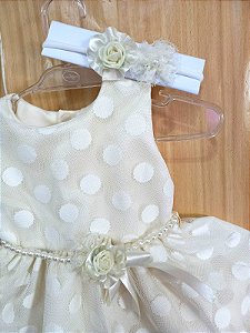 VESTIDO BEBÊ MENINA TULE POÁ CINTO DE PEROLA