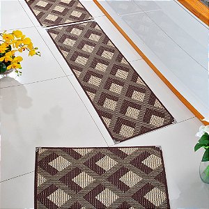 Jogo de Cozinha sisal Antiderrapante com 3 Peças - Geometrico Tabaco e Creme  KS73