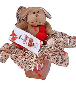 Cesta de Chocolates Avelã com Cachorro de Pelúcia