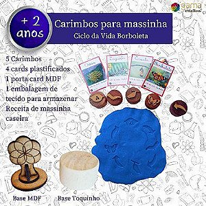 Carimbo para massinha Ciclo da Vida Borboleta + 4 cards - Base Toquinho de Madeira