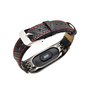 Pulseira de Couro Trançado Preto com Vermelho - Mi Band 5 e 6