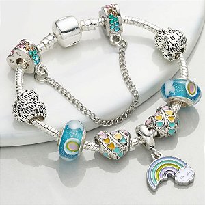 Pulseira de Berloques Banhada a Prata Completa Arco Íris