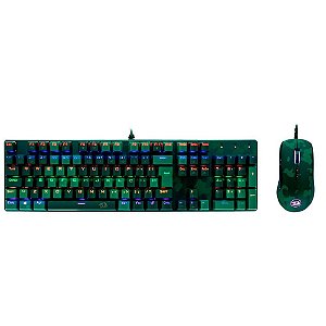 Kit Gamer Redragon S108 Dark Green - Teclado Mecânico, Rainbow, Switch Outemu Blue, ANSI + Mouse RGB Camuflado - S108