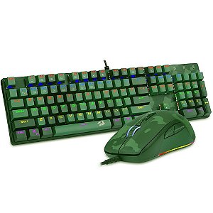 Kit Gamer Redragon S108 Light Green - Teclado Mecânico, Rainbow, Switch Outemu Blue, ANSI + Mouse RGB Camuflado - S108