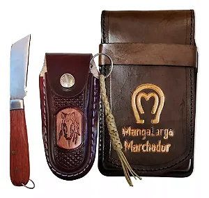 Capa de Celular Mangalarga + Bainha Com Canivete + Chaveiro Trançado Couro Crú