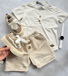Conjunto Infantil Masculino Bege Linho Casual Elegante