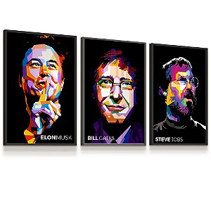 Quadro Decorativo Elon Musk Steve Jobs Bill Gates Business Escritório Kit 3 Quadros
