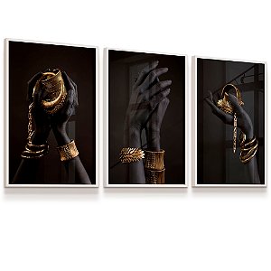 Quadro Decorativo Mãos Negras Joias Douradas Gold Fashion Kit 3 Quadros