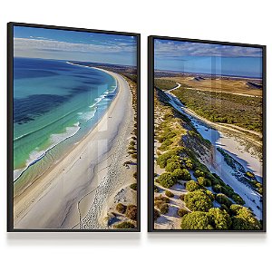 Quadro Decorativo Mar Praia Ondas Árvores Céu Azul Kit 2