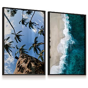 Quadro Decorativo Mar Praia Ondas Árvores Céu Azul Kit 2