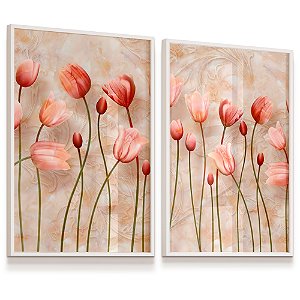 Quadro Decorativo Tulipas Botão Rosa Flores Rose Kit 2