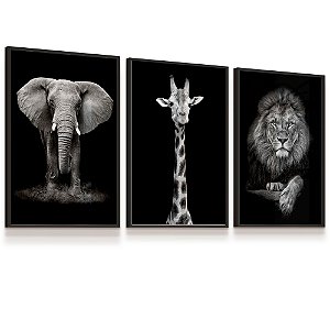 Quadro Decorativo Animais Elefante Girafa Leão Preto e Branco Kit 3 Quadros