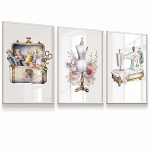 Quadro Decorativo Costura Linhas Tesoura Atelier Manequim Costureira Kit 3 Quadros Flores