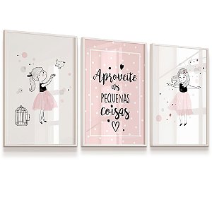 Quadro Decorativo Infantil Menina Pássaro Frase  Kit 3 Quadros
