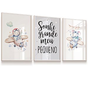 Quadro Infantil Menino Aviãozinho Elefantinho Sonhe Alto Kit 3 Quadros