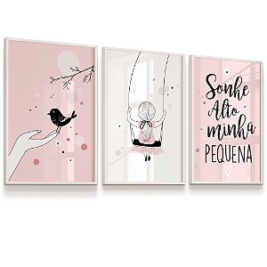 Quadro Decorativo Infantil Menina Balanço Pássaro Frase  Kit 3 Quadros