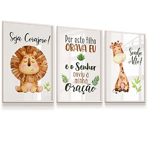 Quadro Infantil Por este Filho eu Orava Leãozinho Girafinha Kit 3 Quadros