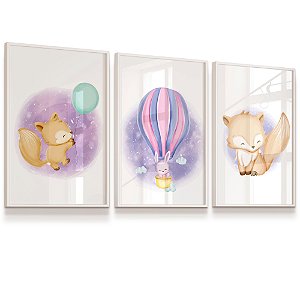 Quadro Infantil Raposinha Coelhinho Balão Kit 3 Quadros