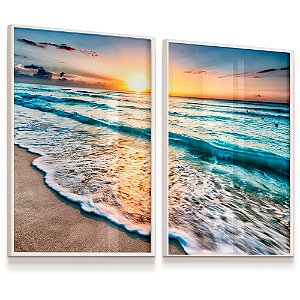 Quadro Decorativo Praia Entardecer Ondas Sol Mar Kit 2