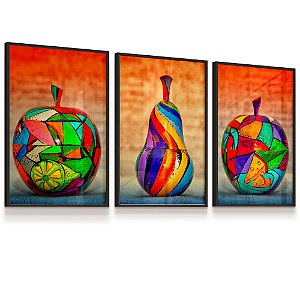 Quadro Frutas Coloridas Pera Maçã Pintura Nutricionista Kit 3 Quadros