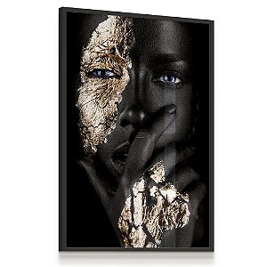Quadro Decorativo Mulher Negra Rosto Dourado Olhos Azuis