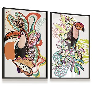 Quadro Decorativo Tucano Pássaros Tropical Colorido Kit 2