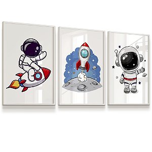 Quadro Decorativo Astronauta Foguete Lua Estrelas Kit 3 Quadros