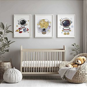 Quadro Decorativo Astronauta Foguete Lua Estrelas Kit 3 Quadros