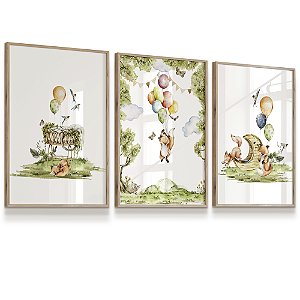 Quadro Decorativo Infantil Raposinha Balões Floresta Kit 3 Quadros