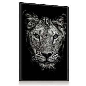 Quadro Decorativo Leoa Animal Rosto Preto e Branco