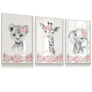 Quadro Decorativo Infantil Elefantinha Girafinha Onçinha Flores Rosa Kit 3 Quadros