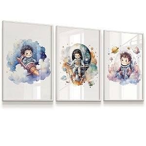 Quadro Decorativo Astronauta Foguete Lua Espaço Céu kit 3
