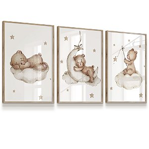Quadro Decorativo Infantil Ursinho Dormindo Nuvem Pescando Estrelas Kit 3 Quadros