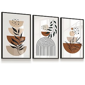 Quadro Composição Art Boho Botânica Folhas Abstrato Moderno Kit 3 Quadros