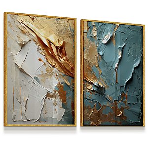 Quadro Decorativo Abstrato Textura Tons de Azul Branco Dourado Pintura