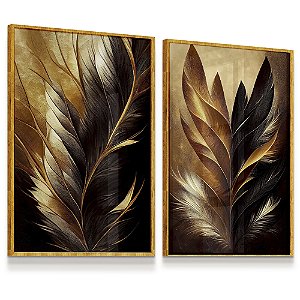Quadro Decorativos  Penas Douradas Textura Gold  Kit 2