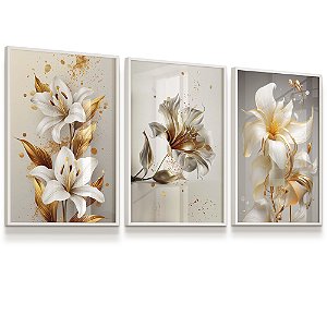 Quadro Decorativo Flor de Lírio Floral Arranjos  de Flores Kit 3 Quadros