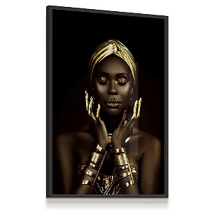 Quadro Decorativo Mulher Negra Jóias Mãos e Turbante Dourados Gold