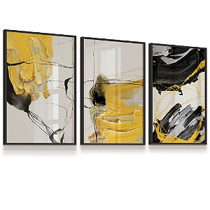 Quadros Composição Abstrato Preto Amarelo Pintura Pinceladas Kit 3