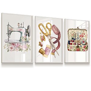 Quadro Decorativo Costura Tesoura Atelier Costureira Máquina Rosa Flores Kit 3 Quadros